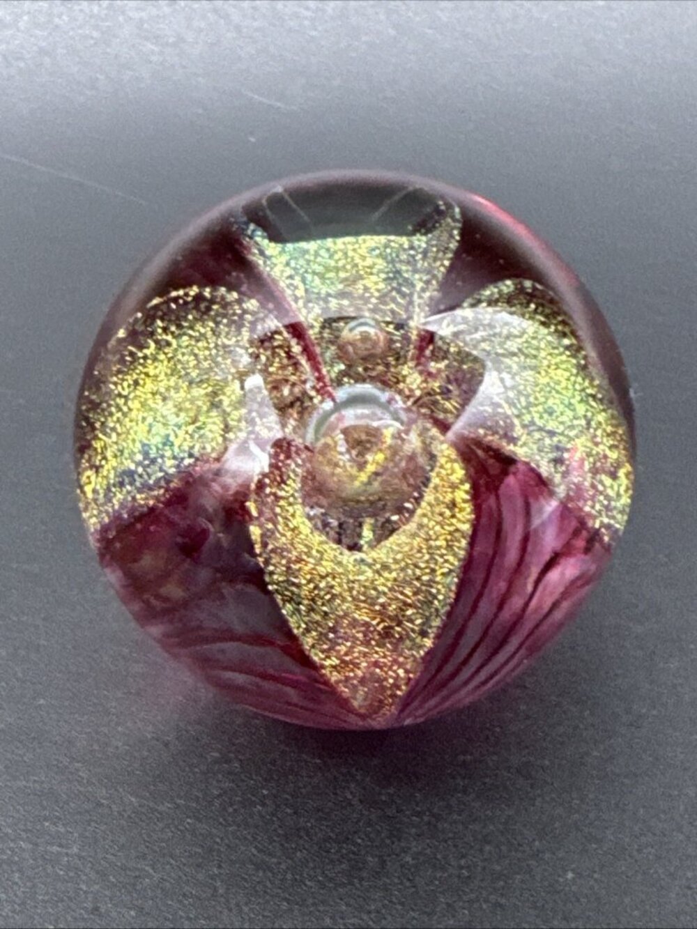 Vintage 2001 Signed GES Glass Eye Studio Art Glass Pink Flower Paperweight